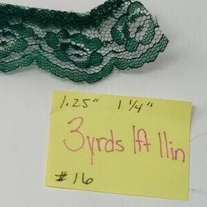 1.25" Ruffled Lace Trim Hunter Green 3++ yds (Polyester) Floral Vtg